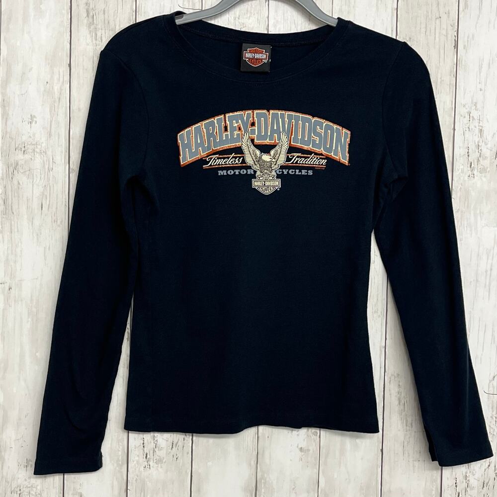 Harley Davidson 2008 Black Moon Stars Graphic Long Sleeve Cotton Shirt Kid Large